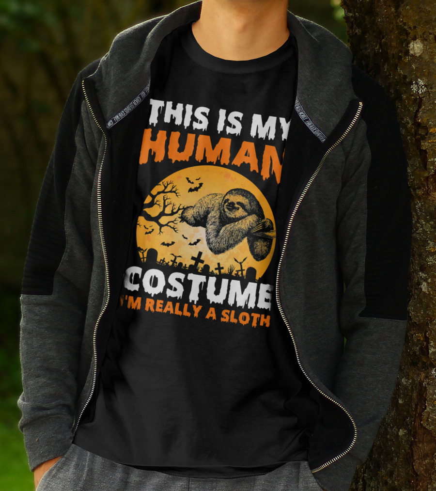 This Is My Human Costume I'm Really A Sloth Halloween Moon Cemetery T-Shirt