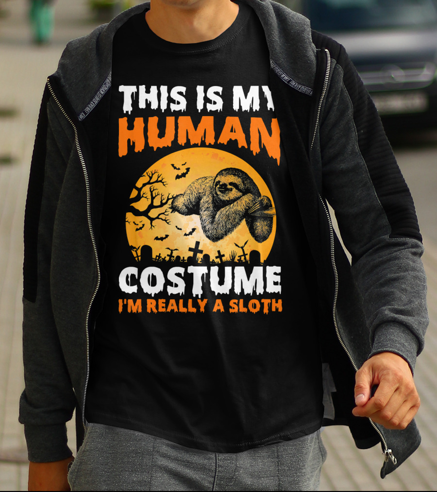 This Is My Human Costume I'm Really A Sloth Halloween Moon Cemetery T-Shirt