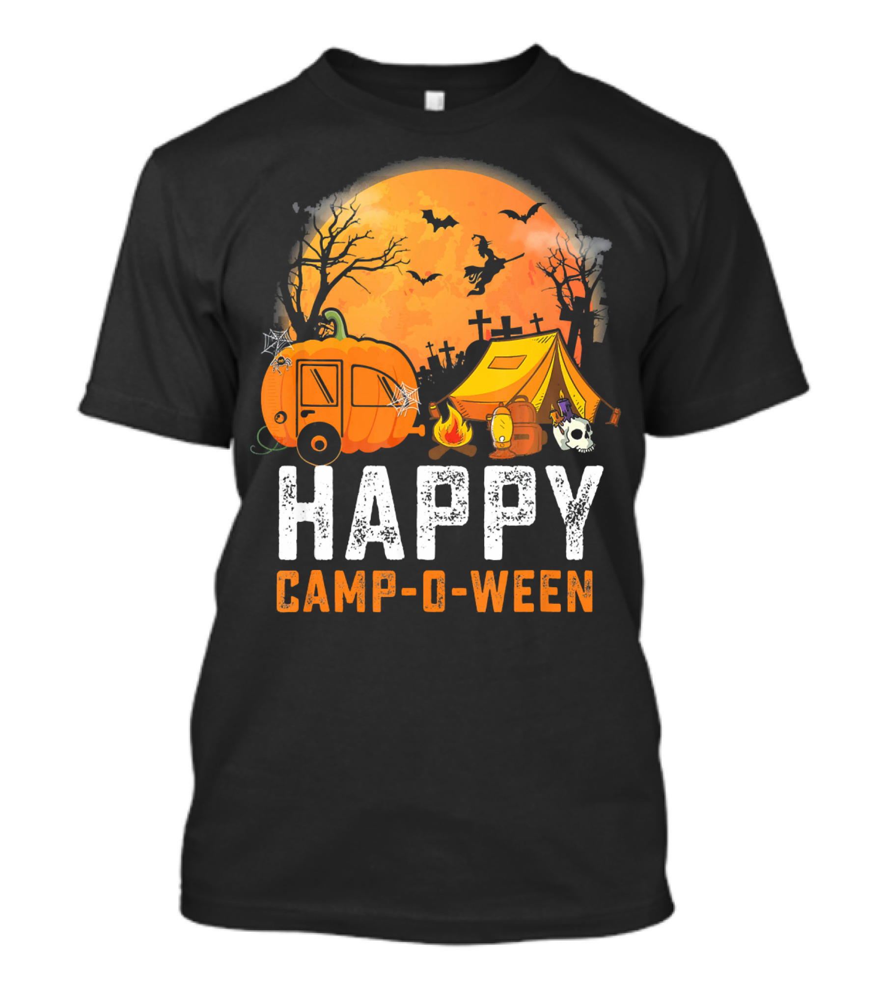 Funny Happy Camp O Ween Camping Halloween Scene With Pumpkin Caravan And Tent T-Shirt