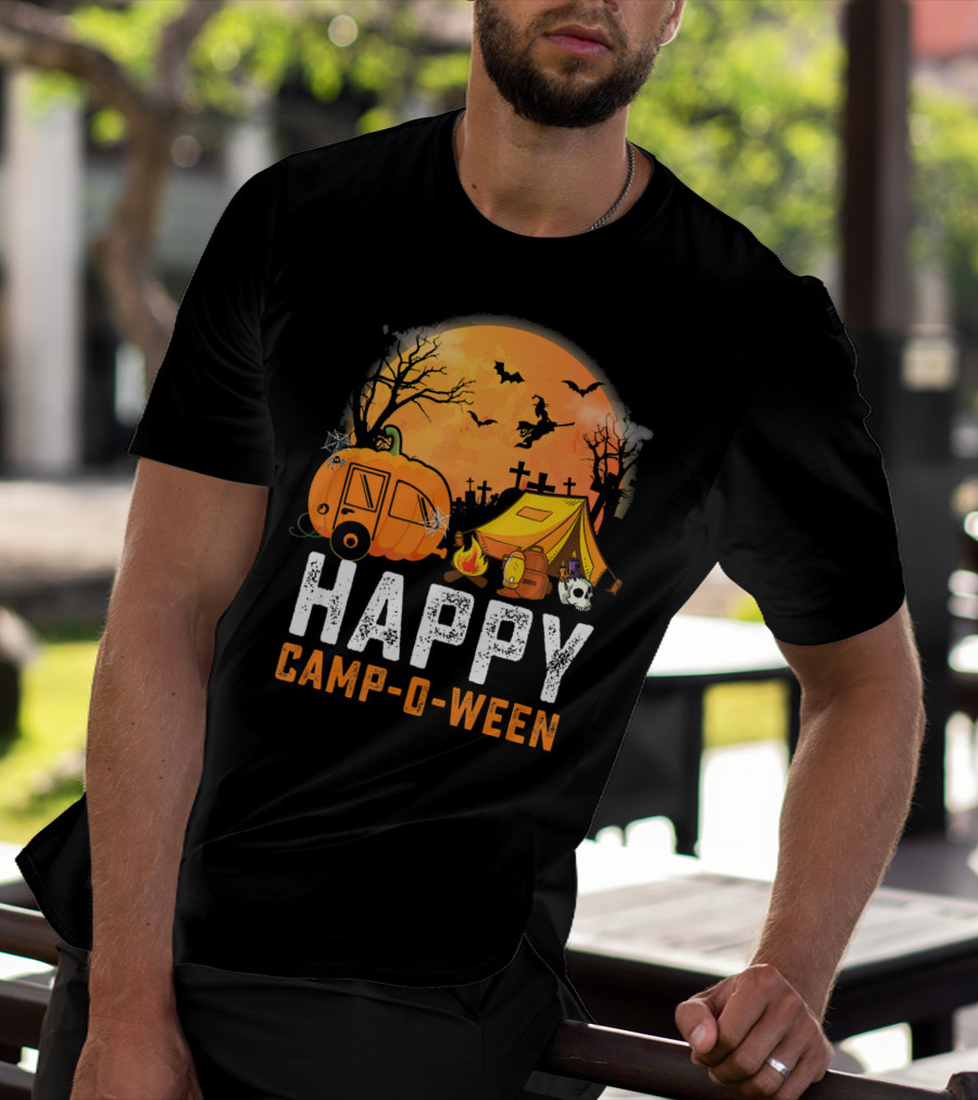 Funny Happy Camp O Ween Camping Halloween Scene With Pumpkin Caravan And Tent T-Shirt