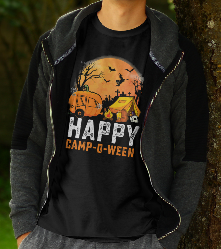 Funny Happy Camp O Ween Camping Halloween Scene With Pumpkin Caravan And Tent T-Shirt