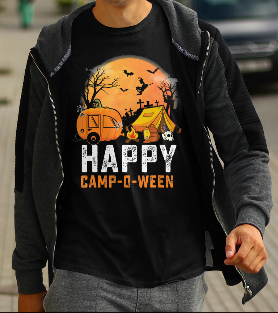 Funny Happy Camp O Ween Camping Halloween Scene With Pumpkin Caravan And Tent T-Shirt