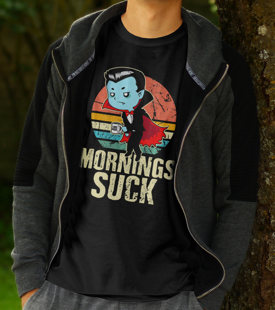 Mornings Suck Cute Funny Vampire With I Hate Mornings Coffee Cup T-Shirt