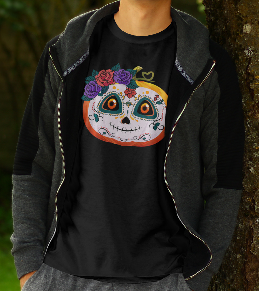 Pumpkin Floral Sugar Skull Jack O Lantern With Flowers T-Shirt