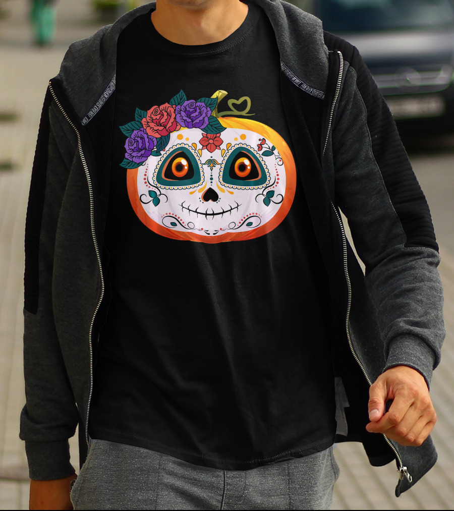Pumpkin Floral Sugar Skull Jack O Lantern With Flowers T-Shirt