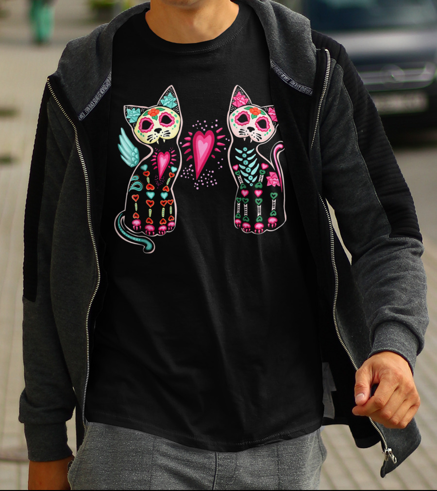 Day Of Dead Sugar Cats Skeleton Skull Winged Heart T-Shirt