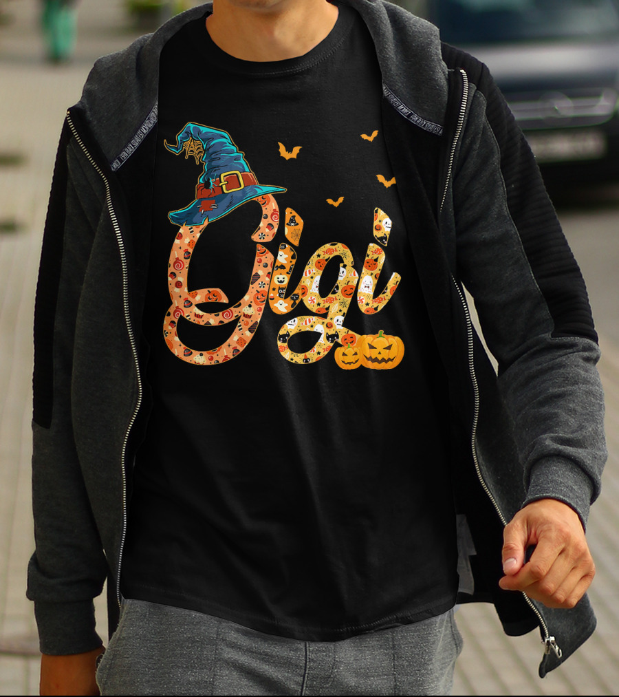 Gigi Funny Halloween Witch Hat Pumpkins Bats T-Shirt