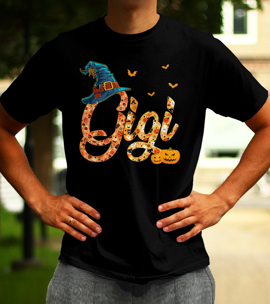 Gigi Funny Halloween Witch Hat Pumpkins Bats T-Shirt