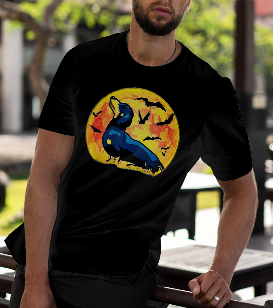 Dachshund Halloween Moon With Flying Bats T-Shirt