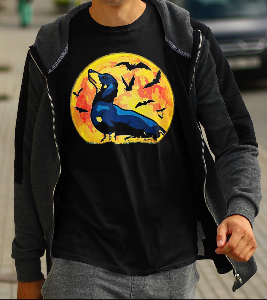Dachshund Halloween Moon With Flying Bats T-Shirt