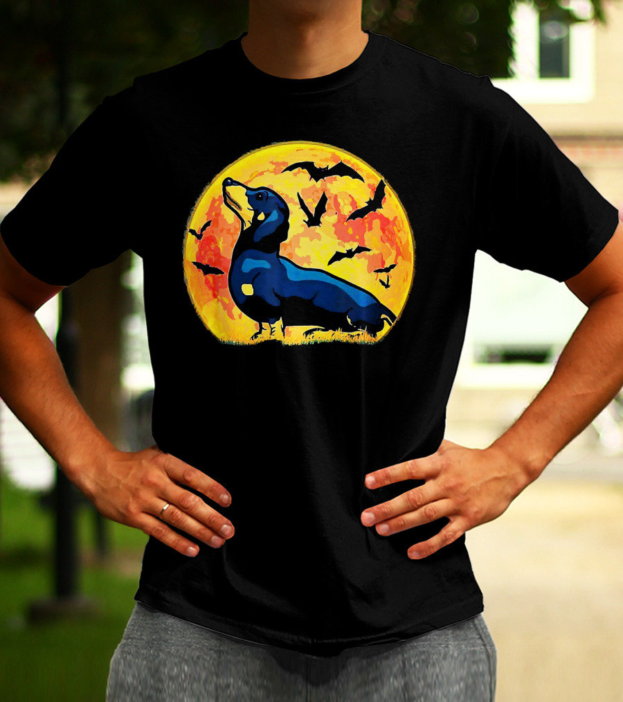Dachshund Halloween Moon With Flying Bats T-Shirt
