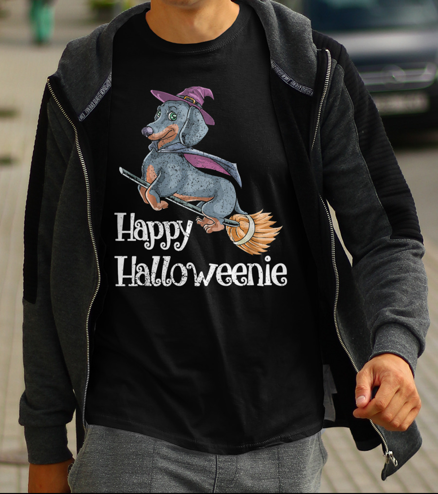 Happy Halloweenie Dachshund Witch Riding Broomstick T-Shirt
