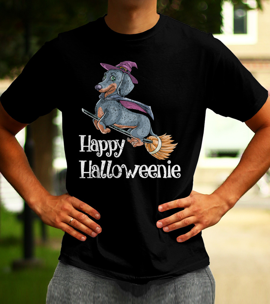 Happy Halloweenie Dachshund Witch Riding Broomstick T-Shirt