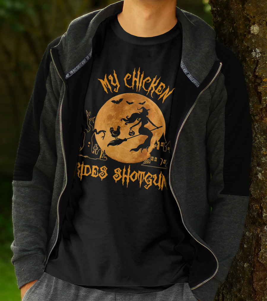 My Chicken Rides Shotgun Halloween Moon Witch Chicken Bats T-Shirt