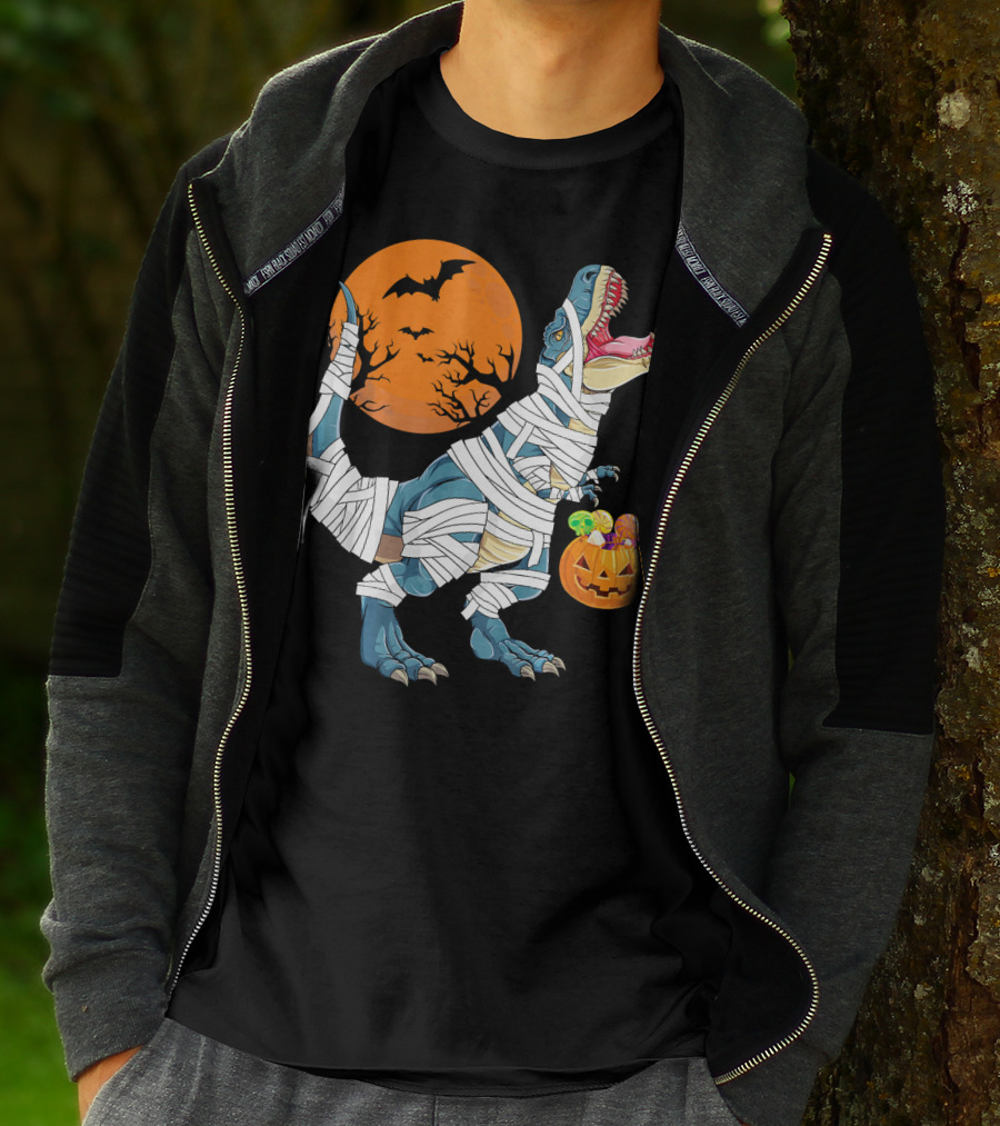 Halloween Dino Girls Kids Mummy Dinosaur Bats Pumpkin Moon T-Shirt