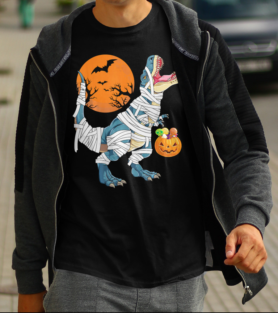 Halloween Dino Girls Kids Mummy Dinosaur Bats Pumpkin Moon T-Shirt