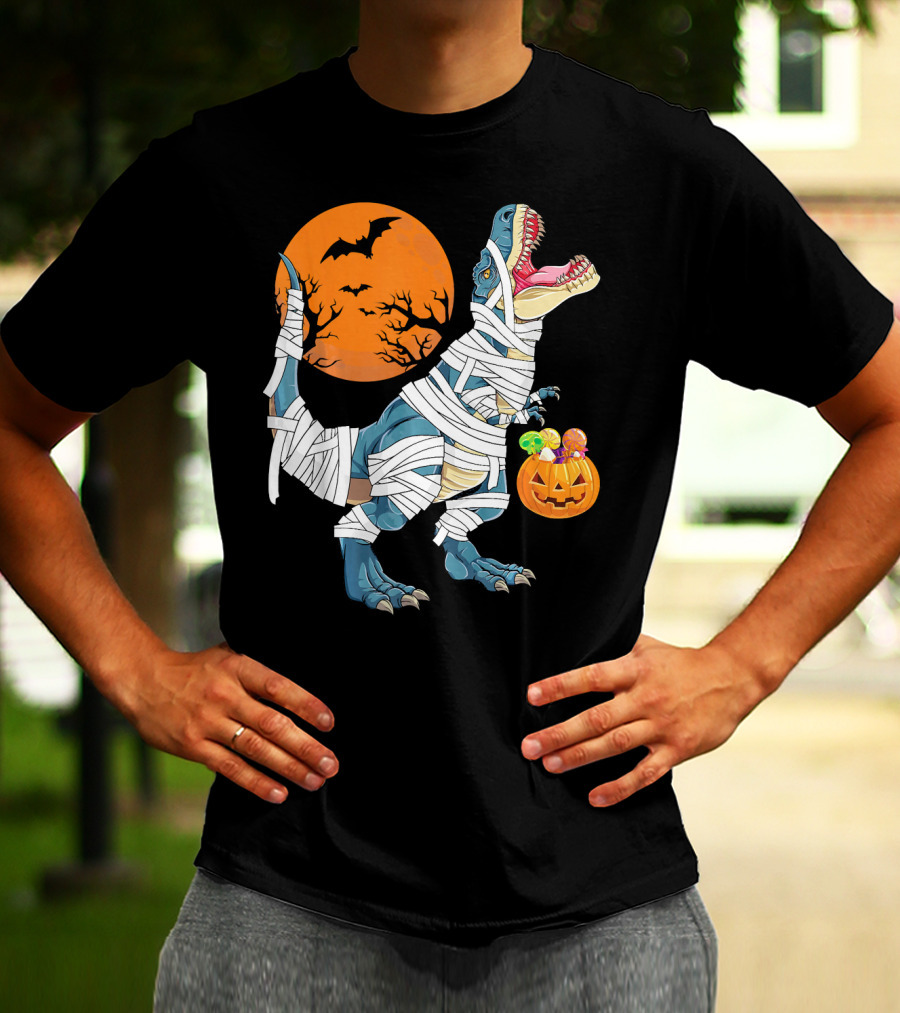 Halloween Dino Girls Kids Mummy Dinosaur Bats Pumpkin Moon T-Shirt