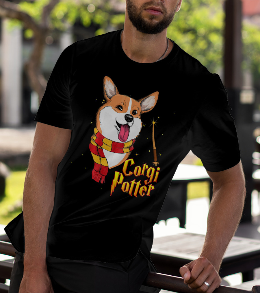 Corgi Potter Cute Harry Pawter Dog With Scarf And Wand T-Shirt