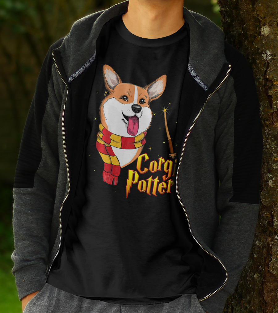 Corgi Potter Cute Harry Pawter Dog With Scarf And Wand T-Shirt