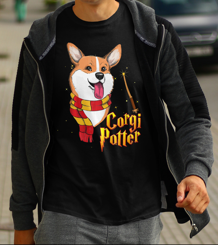 Corgi Potter Cute Harry Pawter Dog With Scarf And Wand T-Shirt