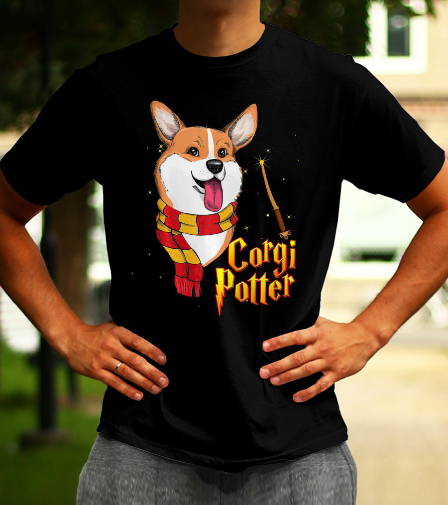Corgi Potter Cute Harry Pawter Dog With Scarf And Wand T-Shirt