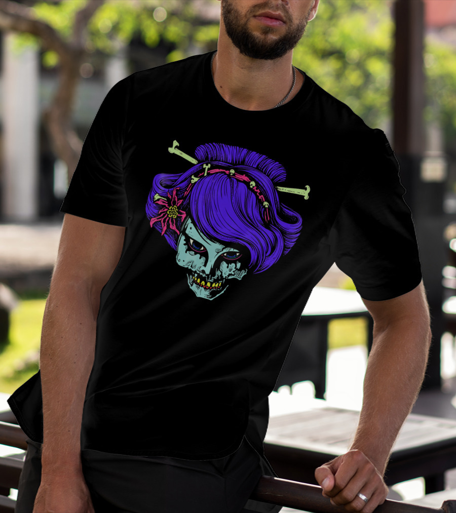 Zombie Geisha Skull With Purple Hair And Bone Hairpins T-Shirt