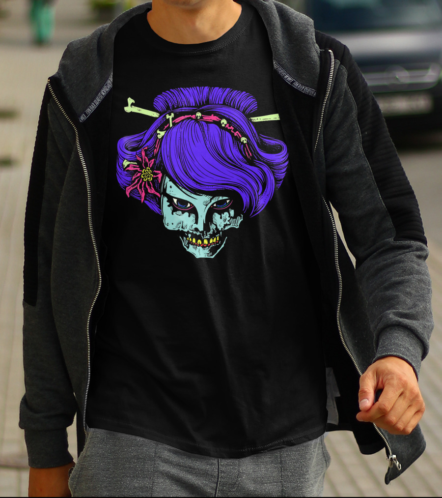 Zombie Geisha Skull With Purple Hair And Bone Hairpins T-Shirt