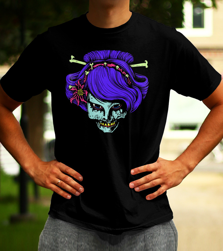 Zombie Geisha Skull With Purple Hair And Bone Hairpins T-Shirt