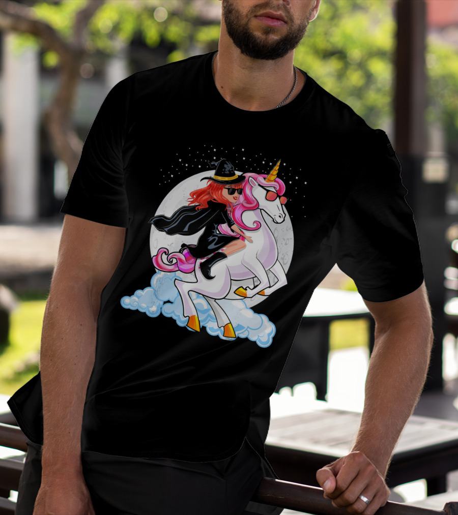 Halloween Witch Riding A Unicorn In Front Of Full Moon T-Shirt