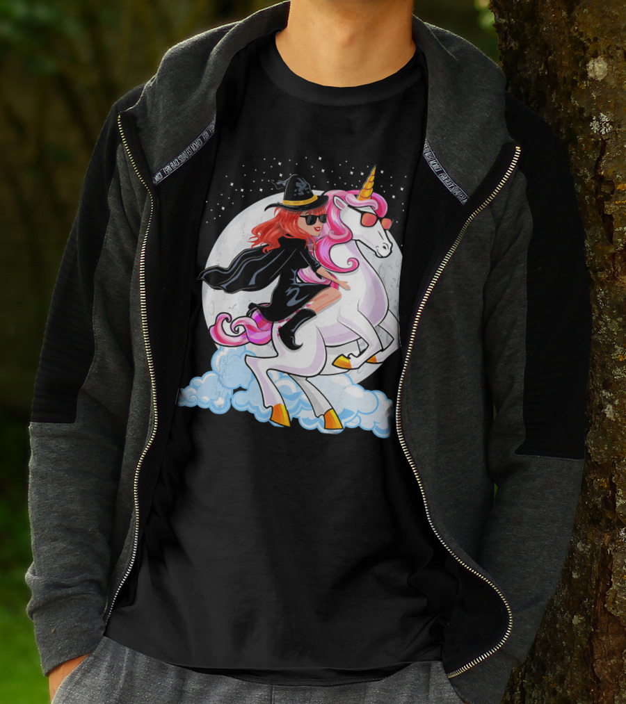 Halloween Witch Riding A Unicorn In Front Of Full Moon T-Shirt