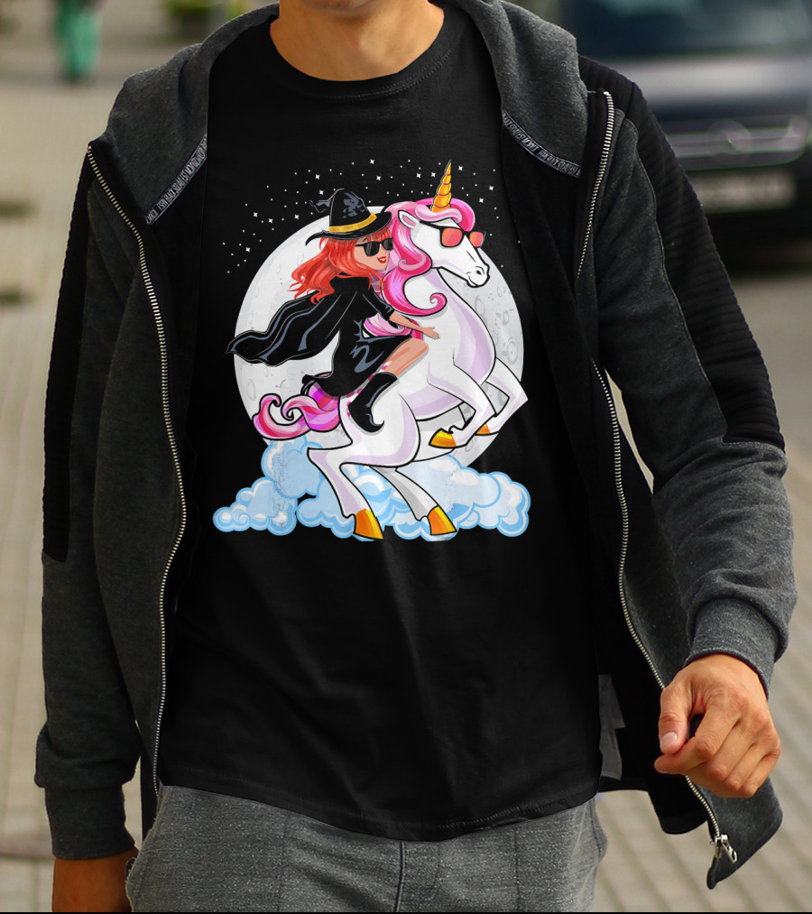 Halloween Witch Riding A Unicorn In Front Of Full Moon T-Shirt