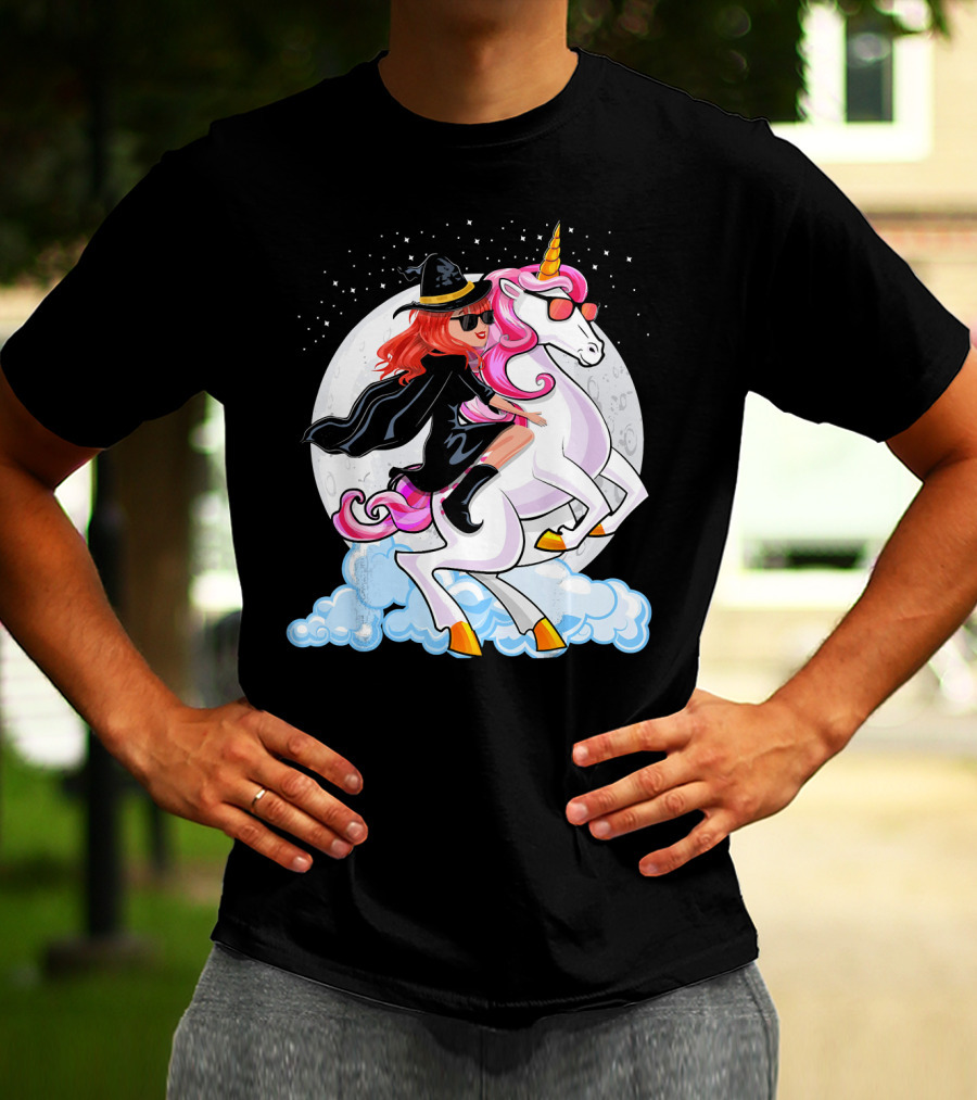 Halloween Witch Riding A Unicorn In Front Of Full Moon T-Shirt