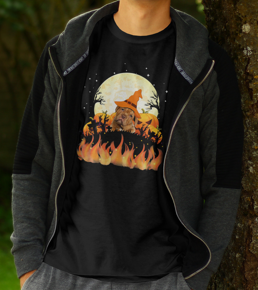 Dogue De Bordeaux Dog Lovers Halloween Full Moon Witch Hat Pumpkin Fire Scene T-Shirt