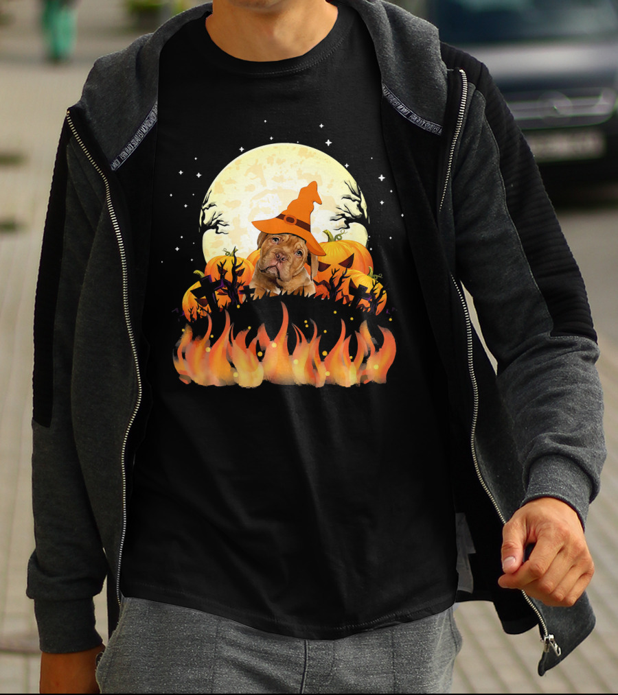 Dogue De Bordeaux Dog Lovers Halloween Full Moon Witch Hat Pumpkin Fire Scene T-Shirt