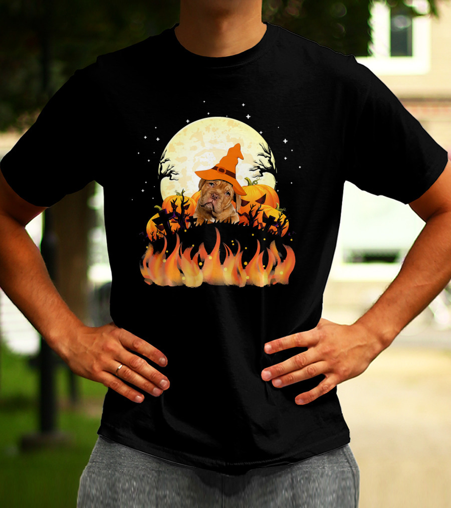 Dogue De Bordeaux Dog Lovers Halloween Full Moon Witch Hat Pumpkin Fire Scene T-Shirt