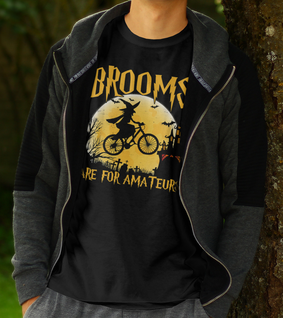 Brooms Are For Amateurs Witch Flying Bike Silhouette Halloween Moon Graveyard T-Shirt