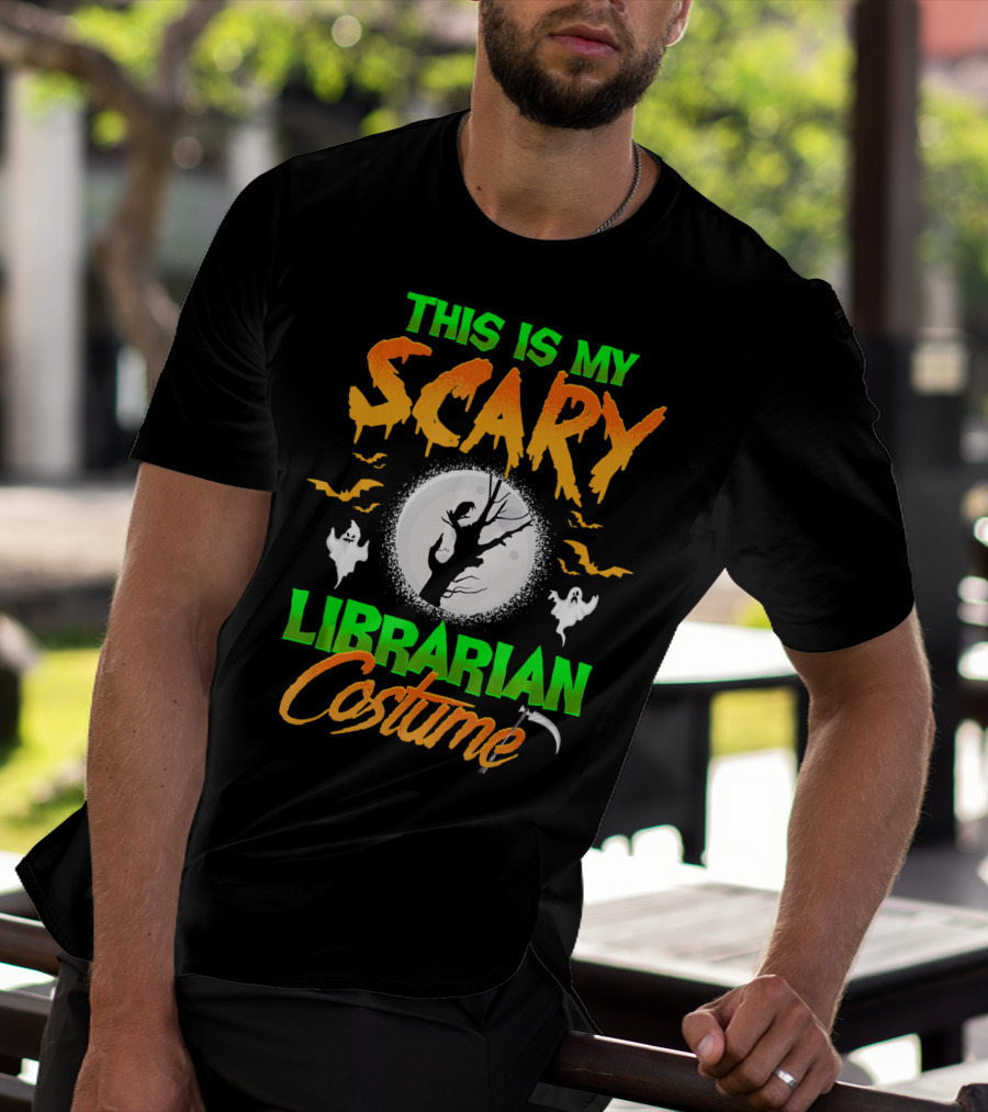 This Is My Scary Librarian Costume Ghosts Bats Moon Grim Reaper Scythe T-Shirt