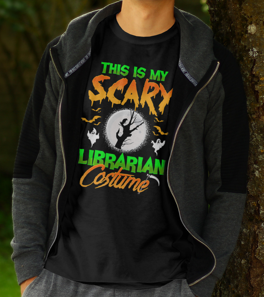 This Is My Scary Librarian Costume Ghosts Bats Moon Grim Reaper Scythe T-Shirt