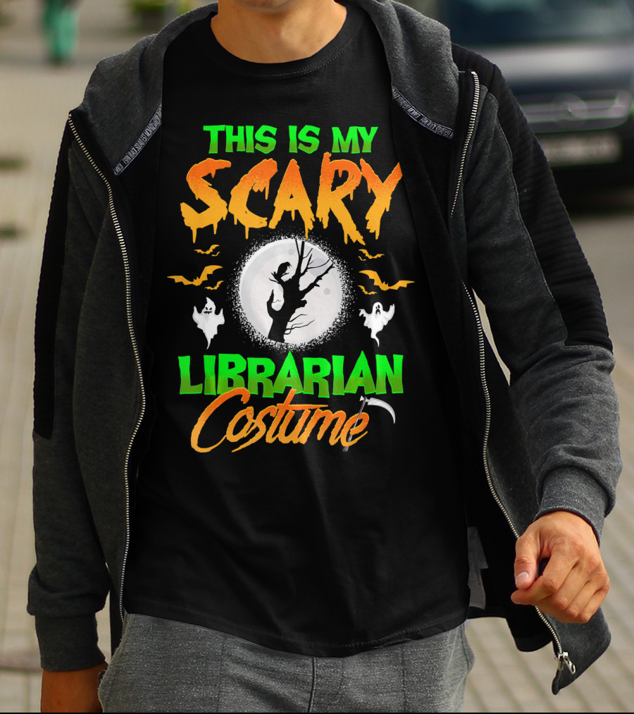 This Is My Scary Librarian Costume Ghosts Bats Moon Grim Reaper Scythe T-Shirt