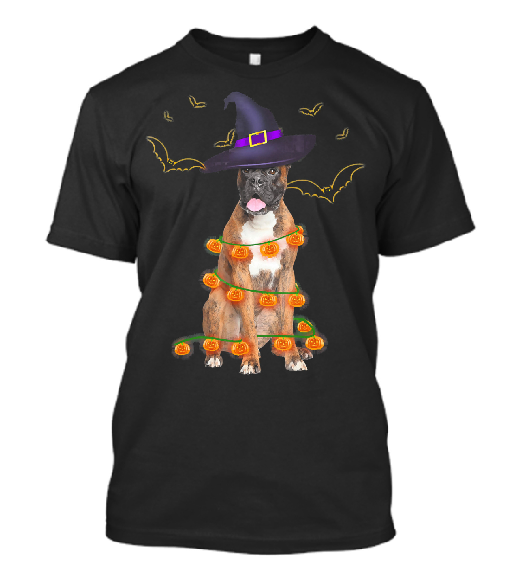 Halloween Boxer Dog Pumpkin Lights Witch Hat Fun T-Shirt