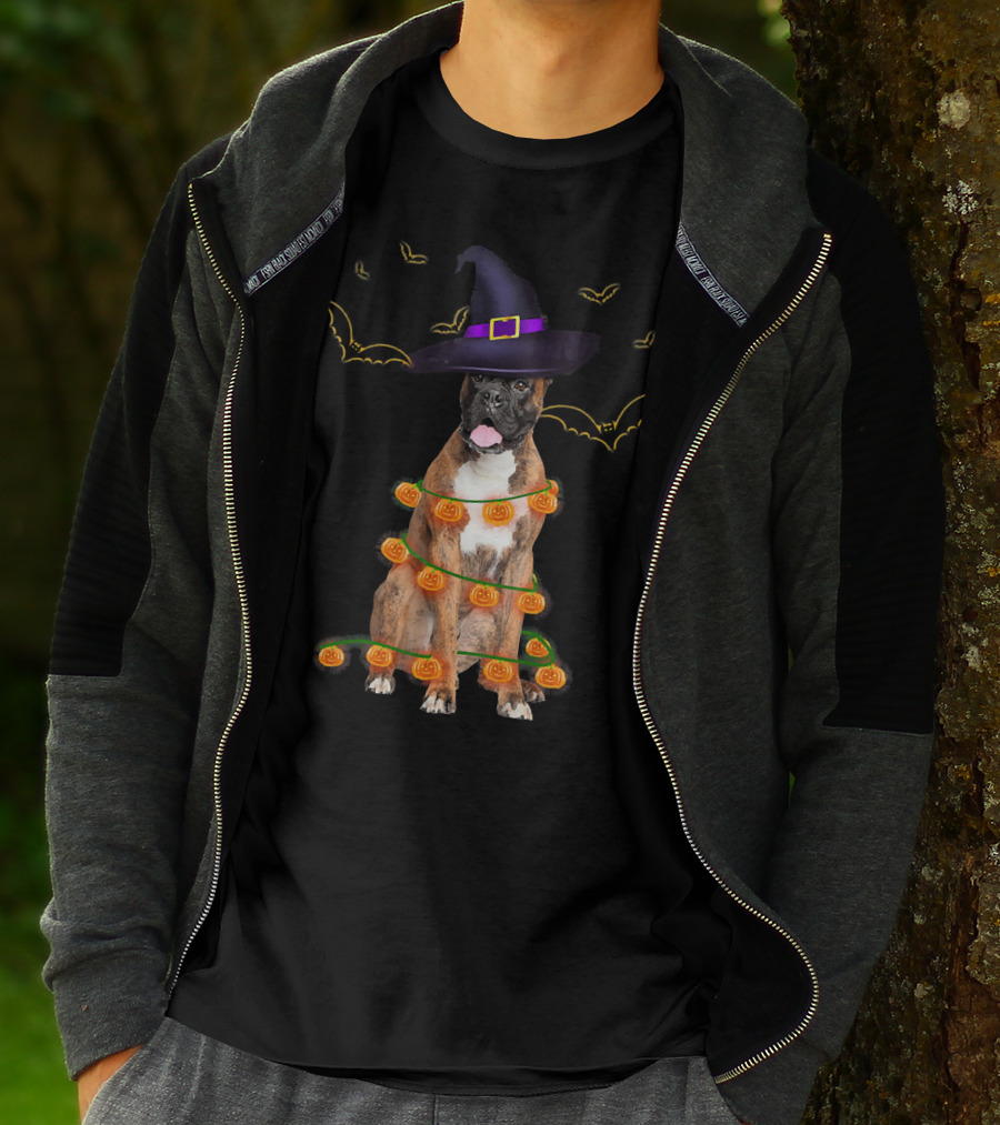 Halloween Boxer Dog Pumpkin Lights Witch Hat Fun T-Shirt