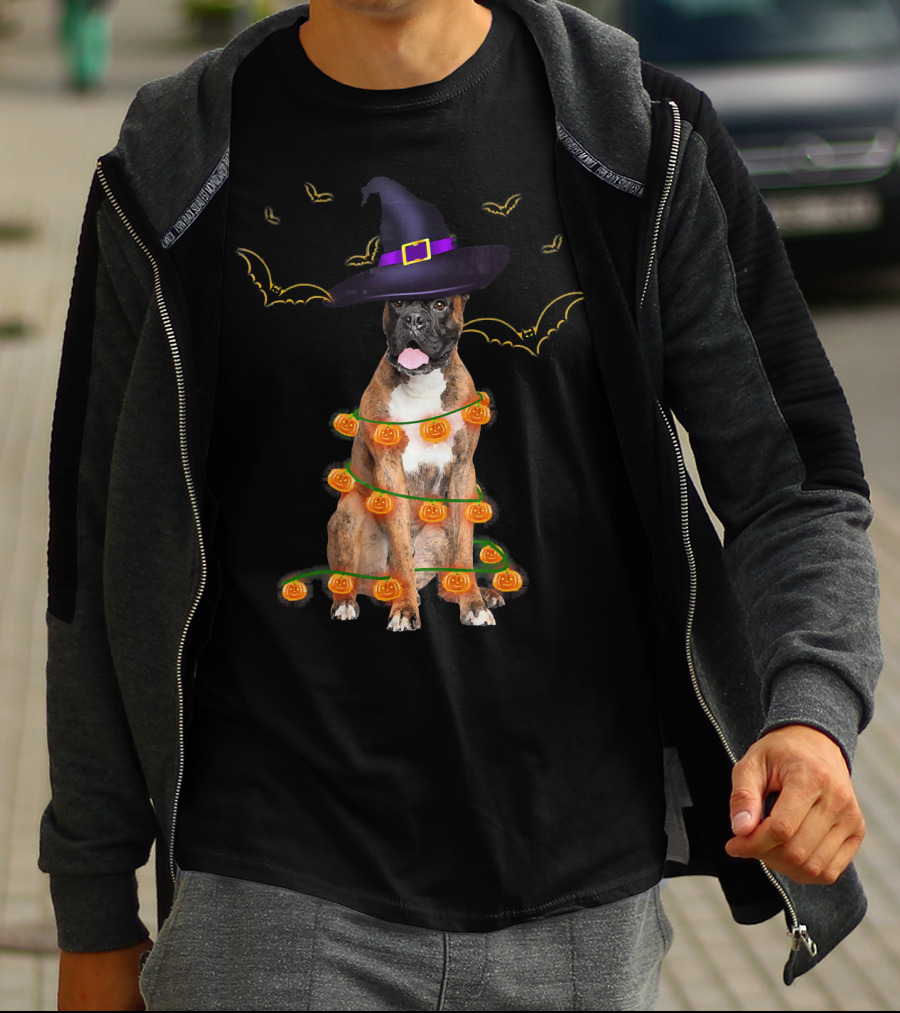 Halloween Boxer Dog Pumpkin Lights Witch Hat Fun T-Shirt
