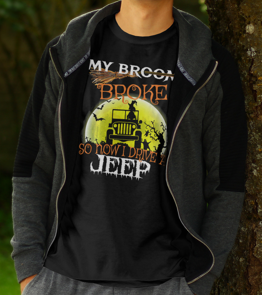 My Broom Broke So Now I Drive A Jeep Halloween Moon Bats T-Shirt