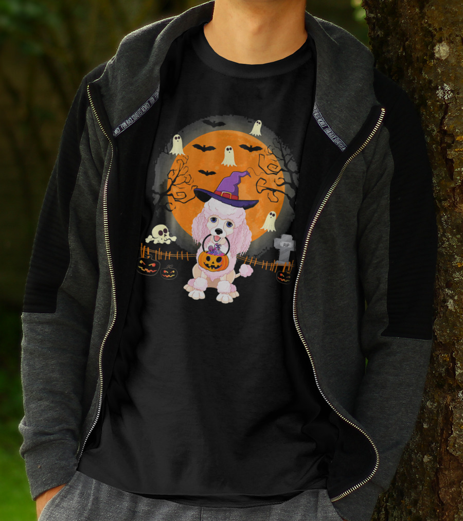 Poodle Dog Witch Halloween Pumpkin Ghosts Bats Graveyard Scene T-Shirt