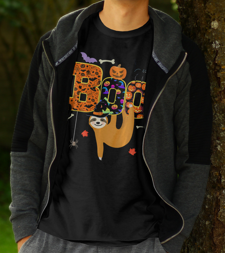 Boo Halloween Sloth With Witch Hat Pumpkins And Spider T-Shirt