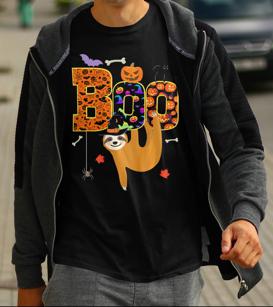 Boo Halloween Sloth With Witch Hat Pumpkins And Spider T-Shirt