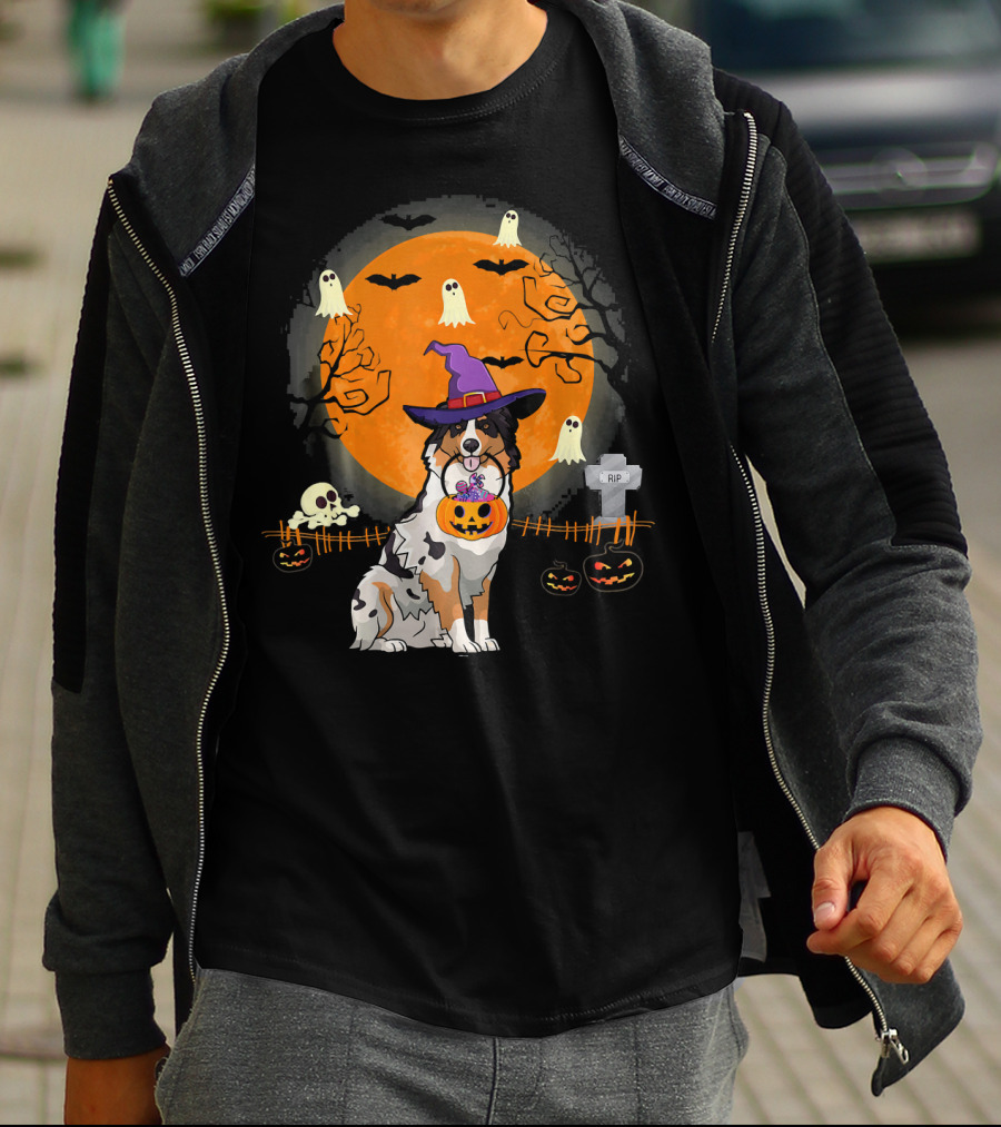 Australian Shepherd Dog Halloween Witch Pumpkin And Ghosts T-Shirt