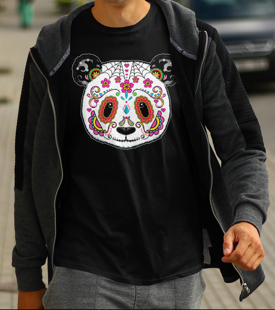 Sugar Skull Panda Day Of The Dead Colorful Floral Skulls T-Shirt