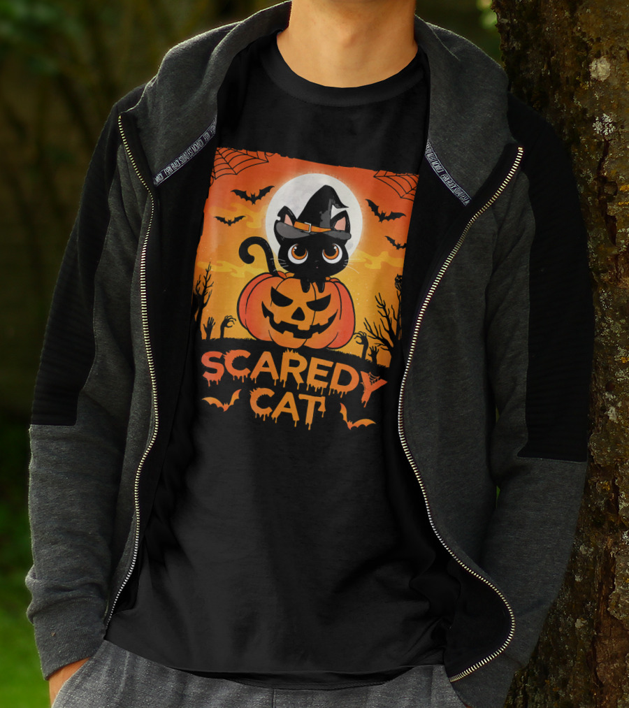 Scaredy Cat Halloween Kitten On Pumpkin With Witch Hat And Bats T-Shirt