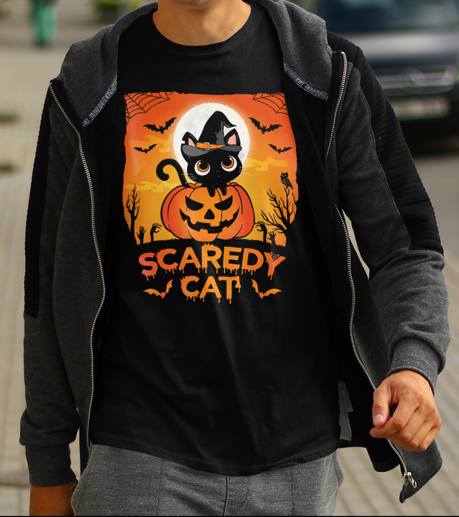 Scaredy Cat Halloween Kitten On Pumpkin With Witch Hat And Bats T-Shirt